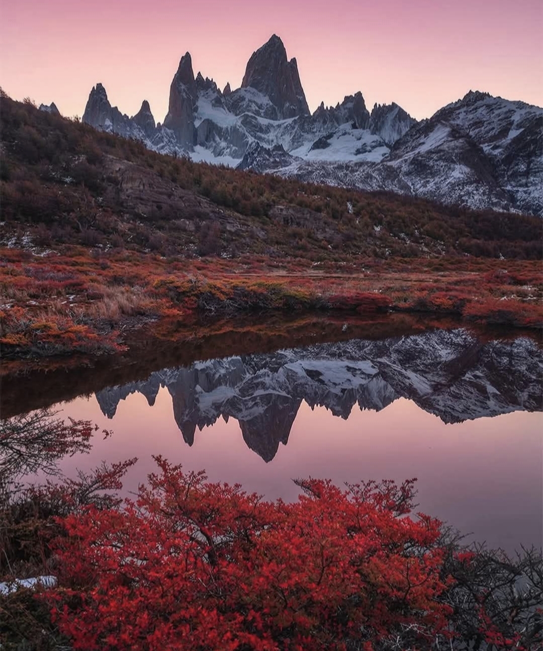 Fitz Roy reflejado en aguas calmas bajo un cielo rosado